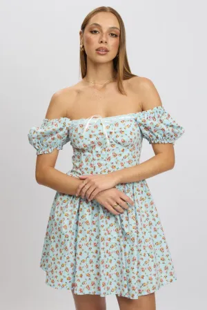 Blue Ditsy Fit And Flare Dress Corset Detail Mini
