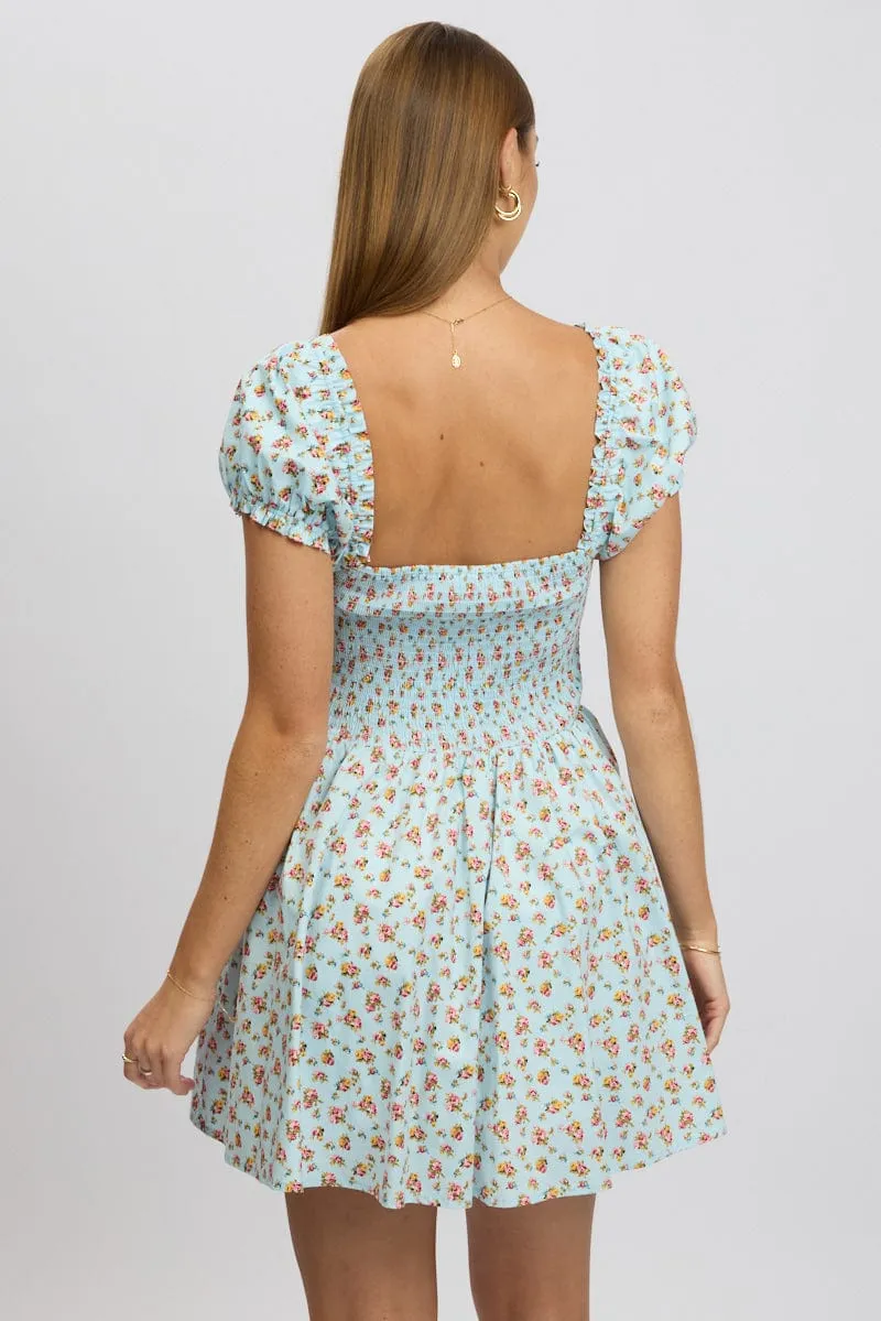 Blue Ditsy Fit And Flare Dress Corset Detail Mini