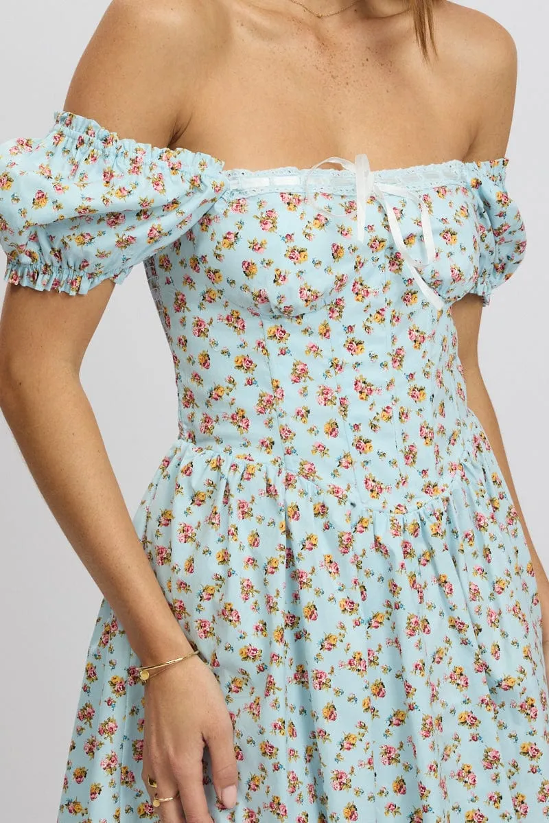 Blue Ditsy Fit And Flare Dress Corset Detail Mini
