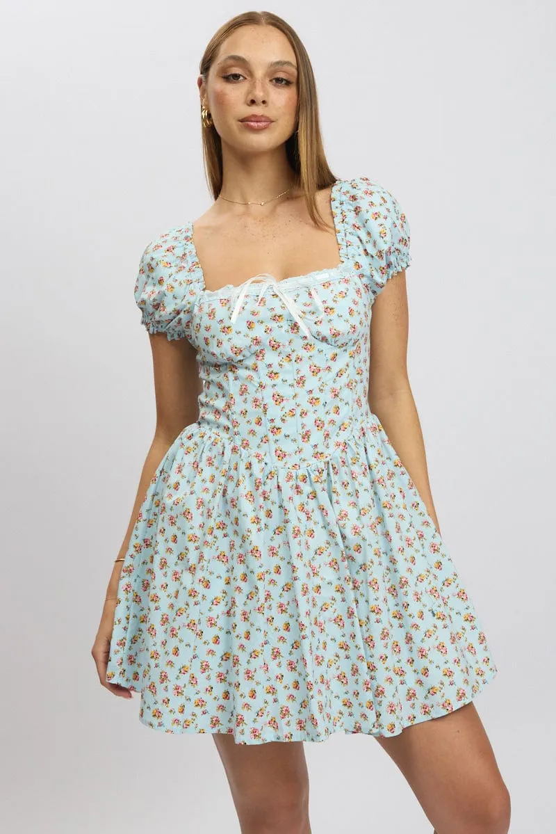 Blue Ditsy Fit And Flare Dress Corset Detail Mini