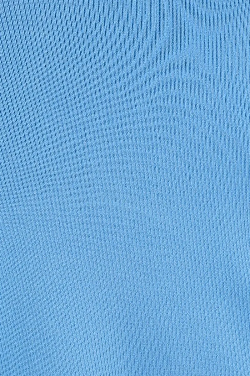 Blue Elastic Waist Side Split Knit Midi Skirt