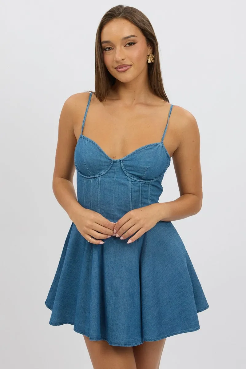 Blue Fit And Flare Dress Mini