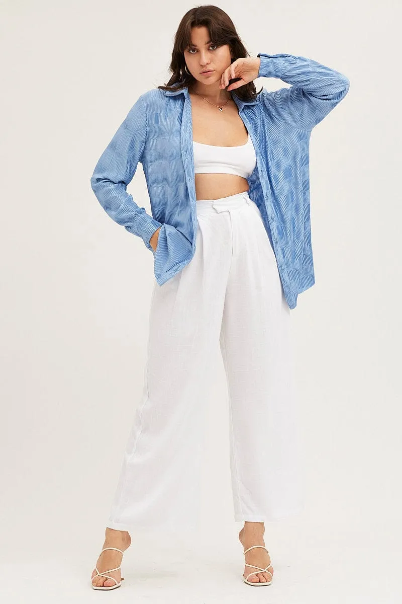 Blue Long Sleeve Plisse Shirt