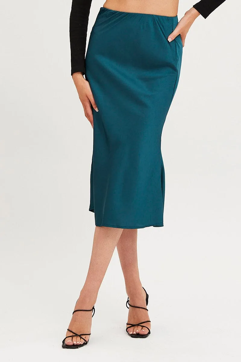 Blue Slip Skirt Midi Satin