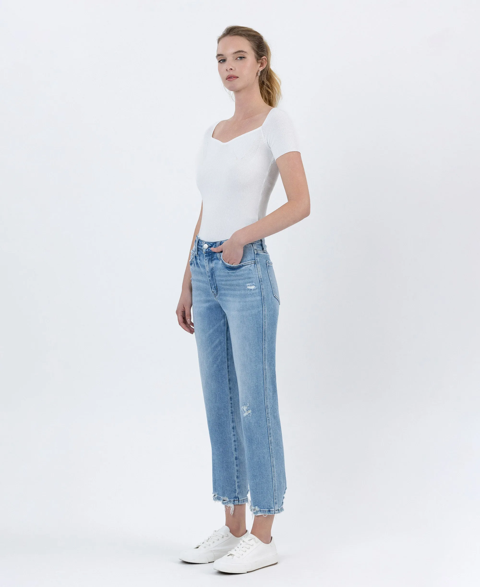 Boatload - High Rise Distressed Hem Crop Straight Jeans