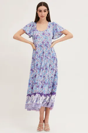 Boho Print Hem Frill Dress Short Sleeve Maxi Square Neck