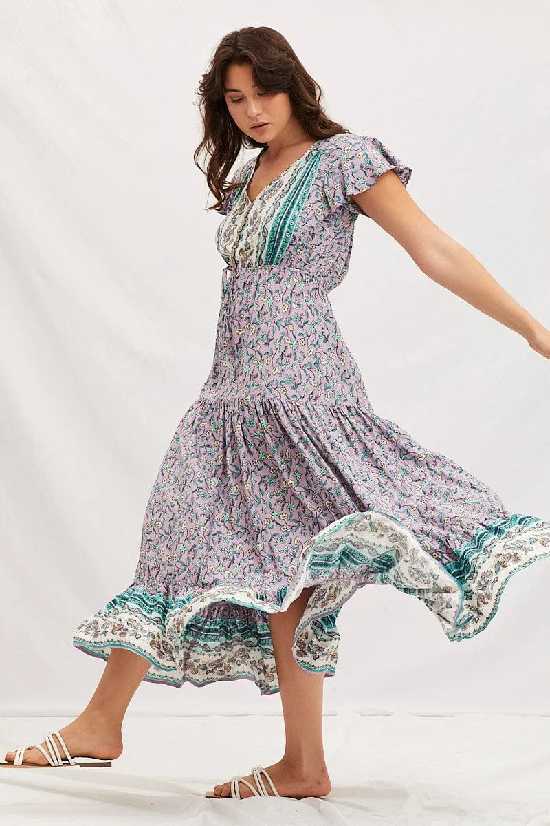 Boho Print V-Neck Short Sleeve Maxi Dress