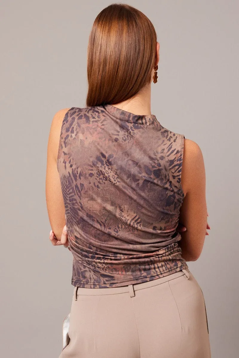 Brown Abstract Sleeveless Top Side Ruched