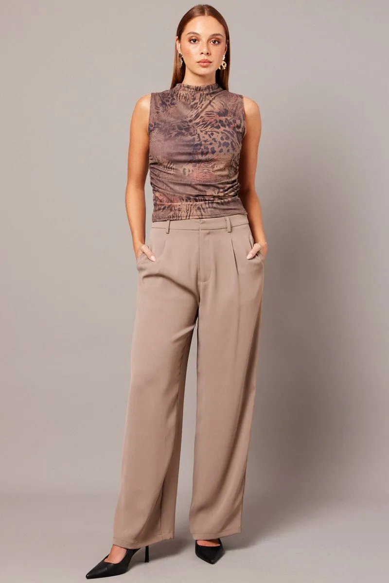 Brown Abstract Sleeveless Top Side Ruched