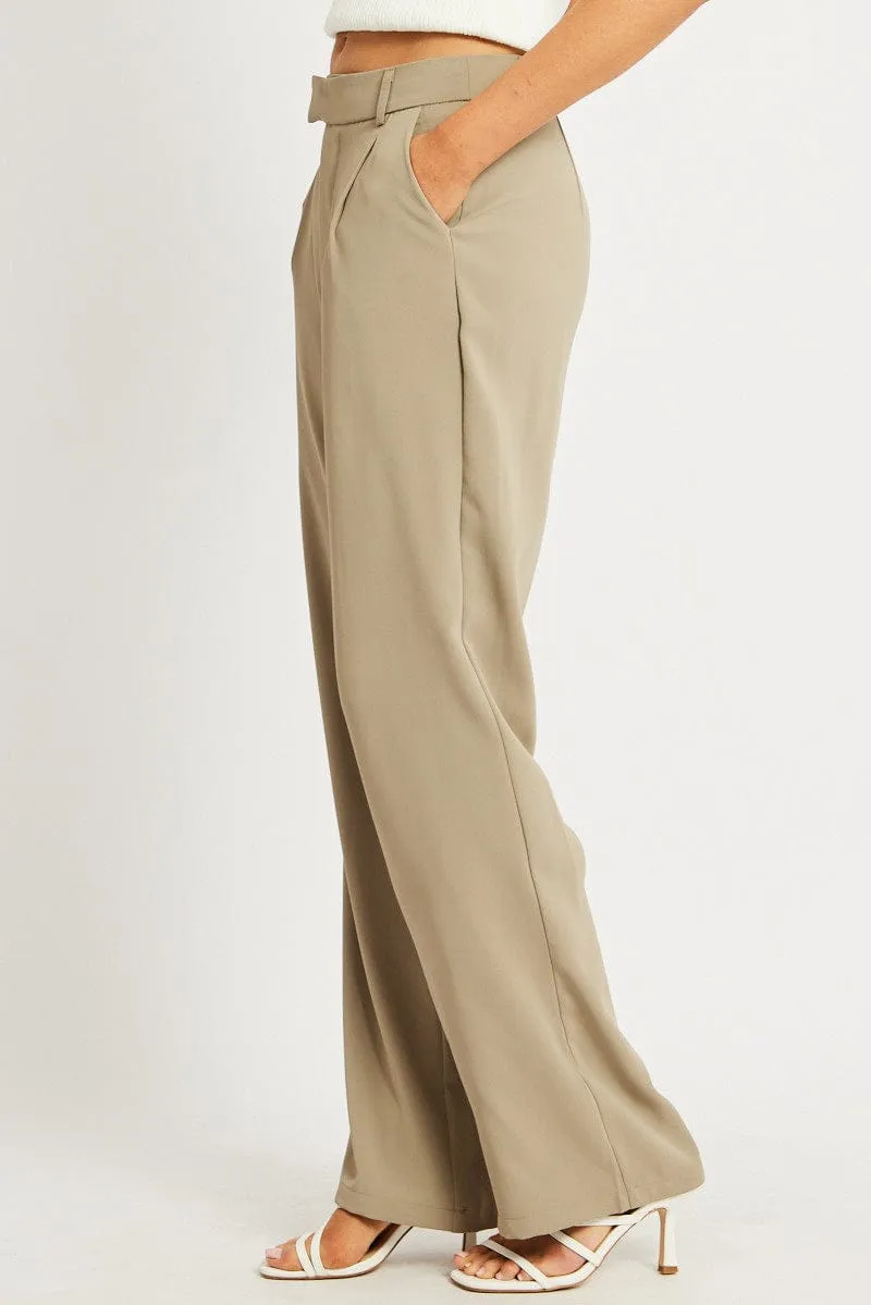 Brown Wide Leg Pants Mid Rise