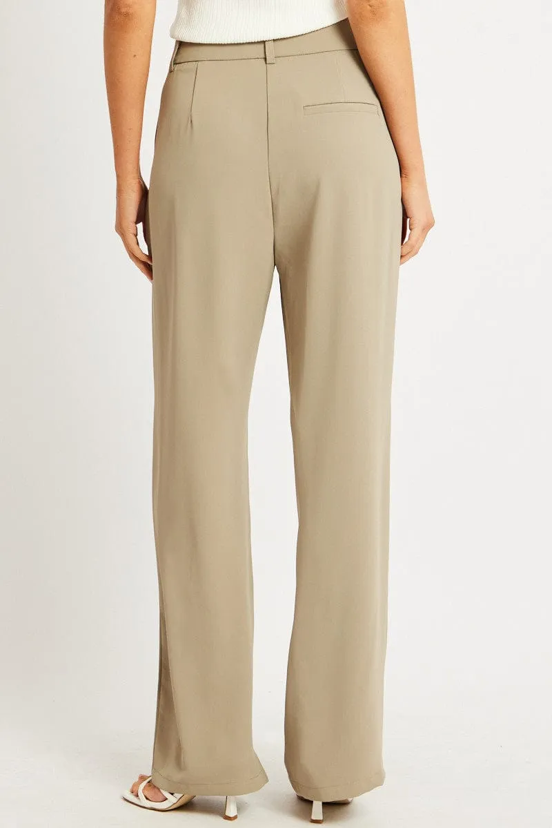 Brown Wide Leg Pants Mid Rise