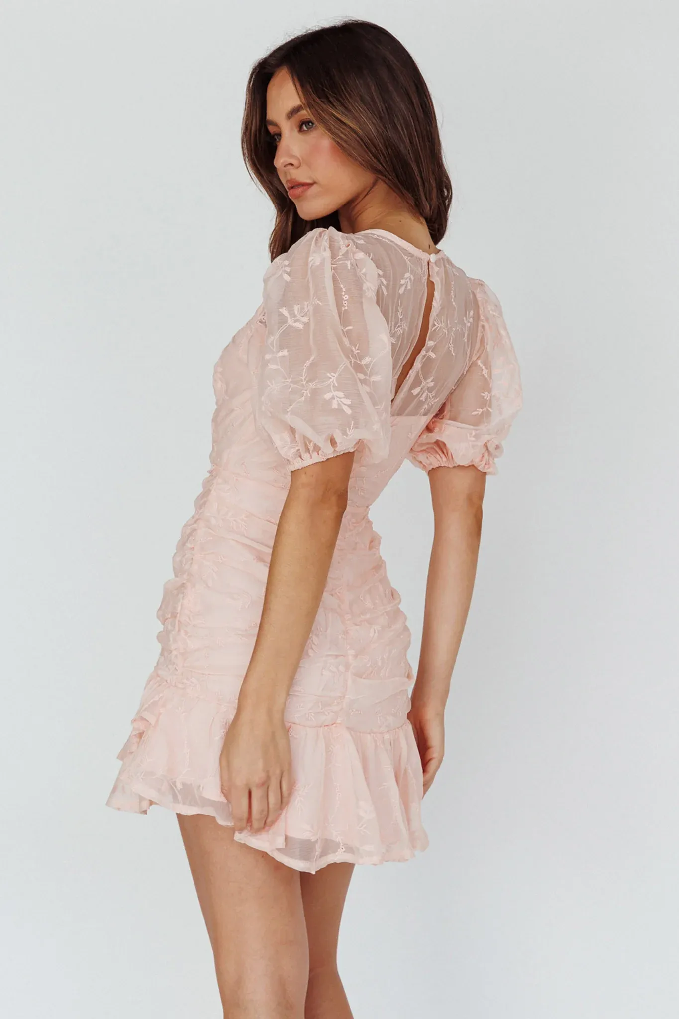 Cherry Blossom Puff Sleeve Wide Ruffle Hem Dress Pink