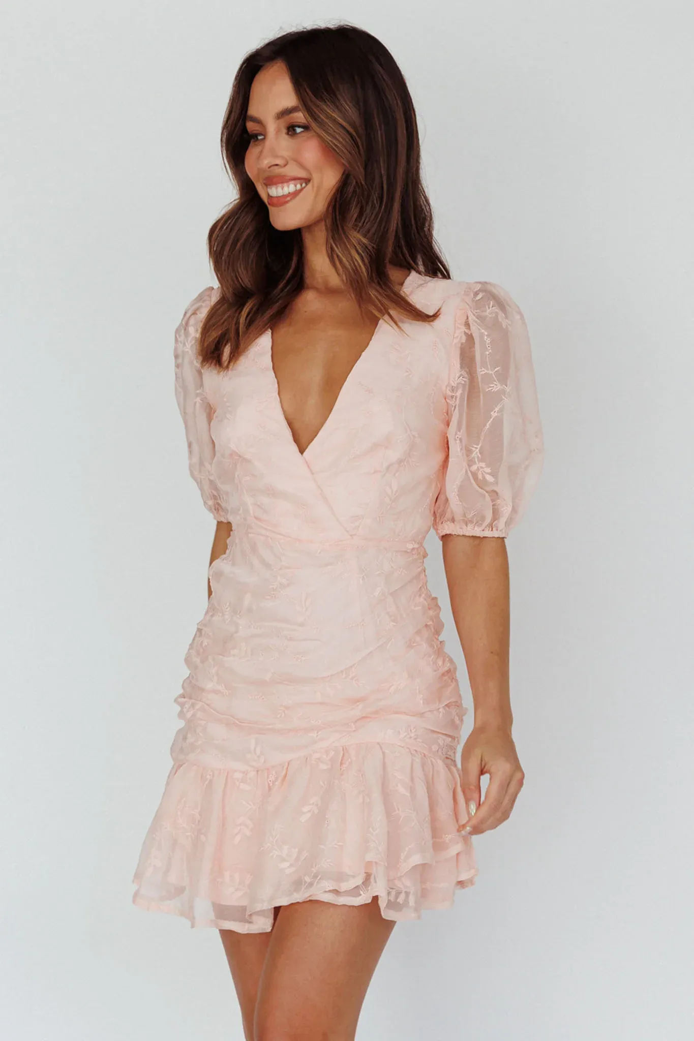 Cherry Blossom Puff Sleeve Wide Ruffle Hem Dress Pink