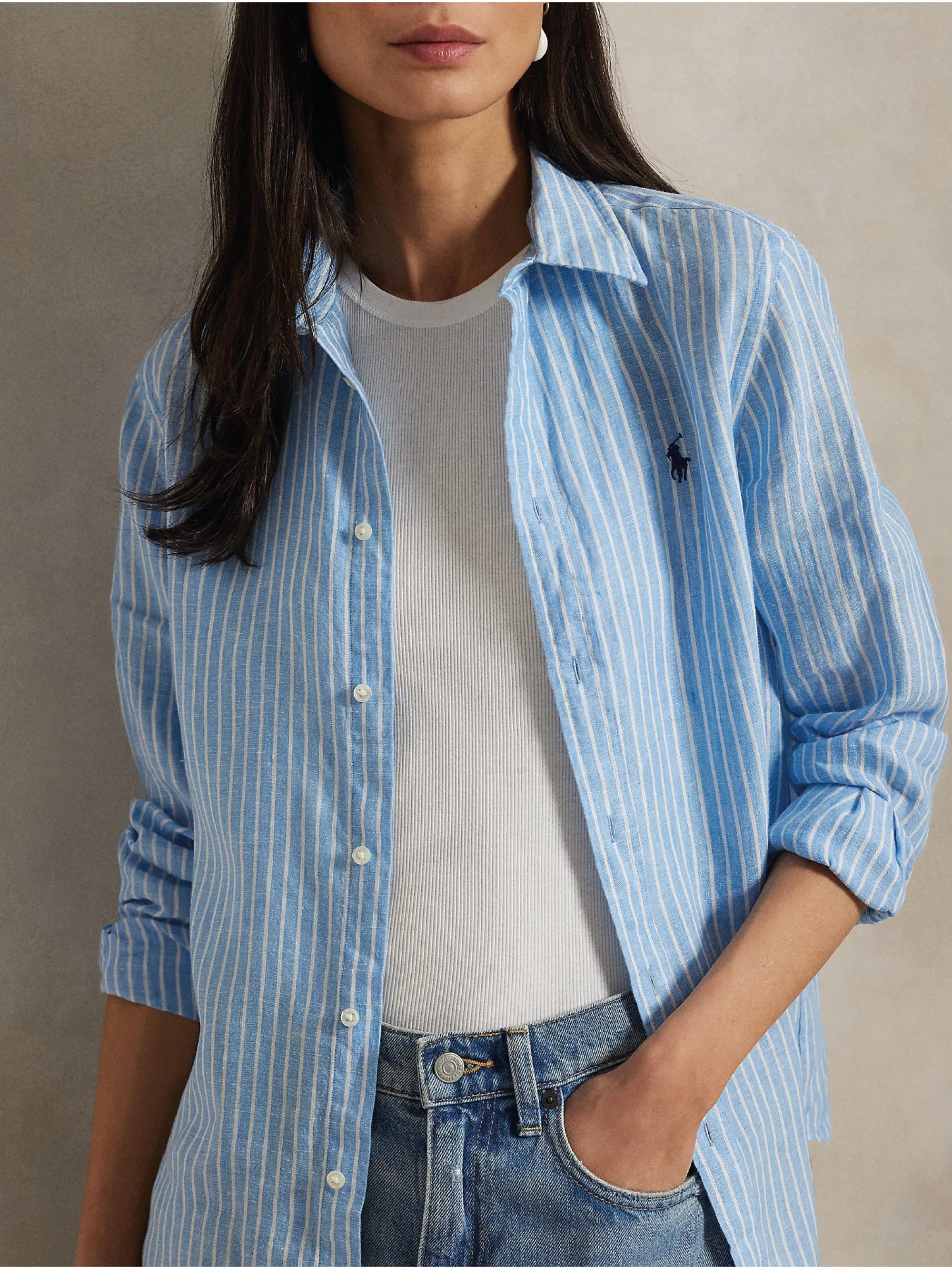 Classic Fit Striped Linen Shirt Blue/White