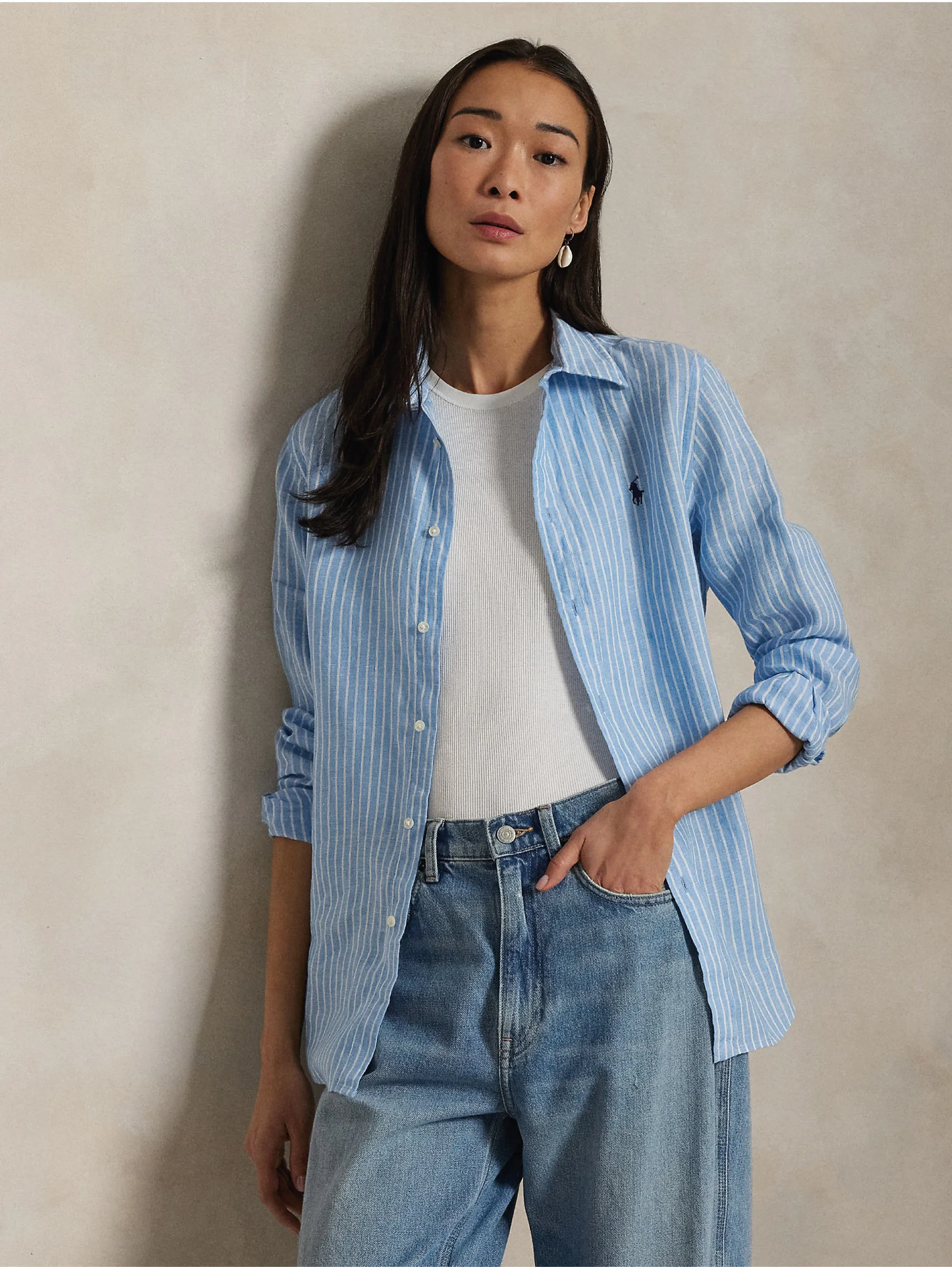Classic Fit Striped Linen Shirt Blue/White