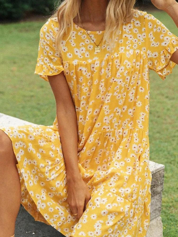 Daisy Flowers Print Holiday O-neck Casual Loose Short Sleeve Layered Women Midi Dress