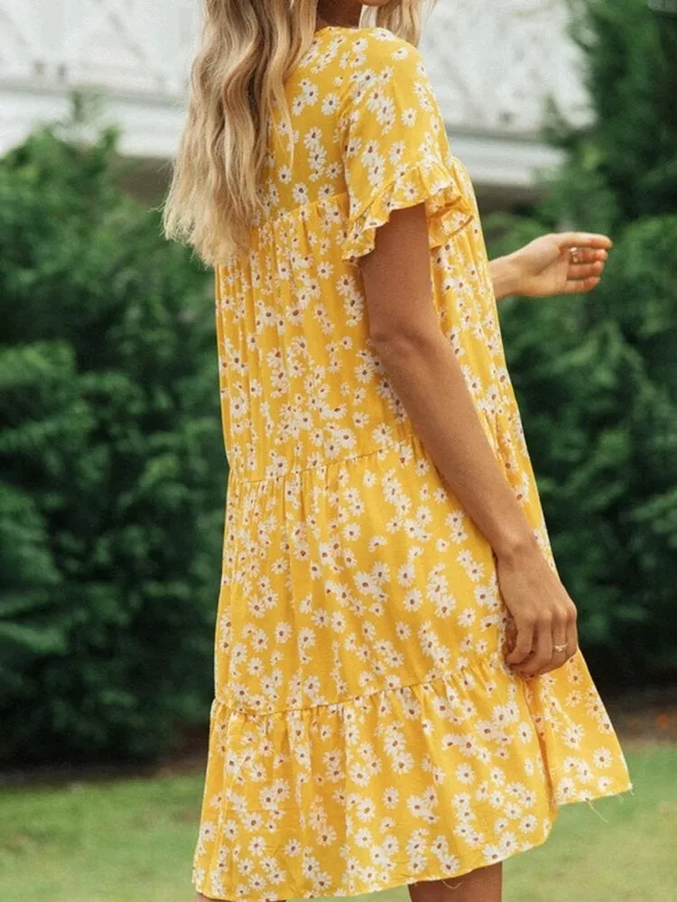 Daisy Flowers Print Holiday O-neck Casual Loose Short Sleeve Layered Women Midi Dress