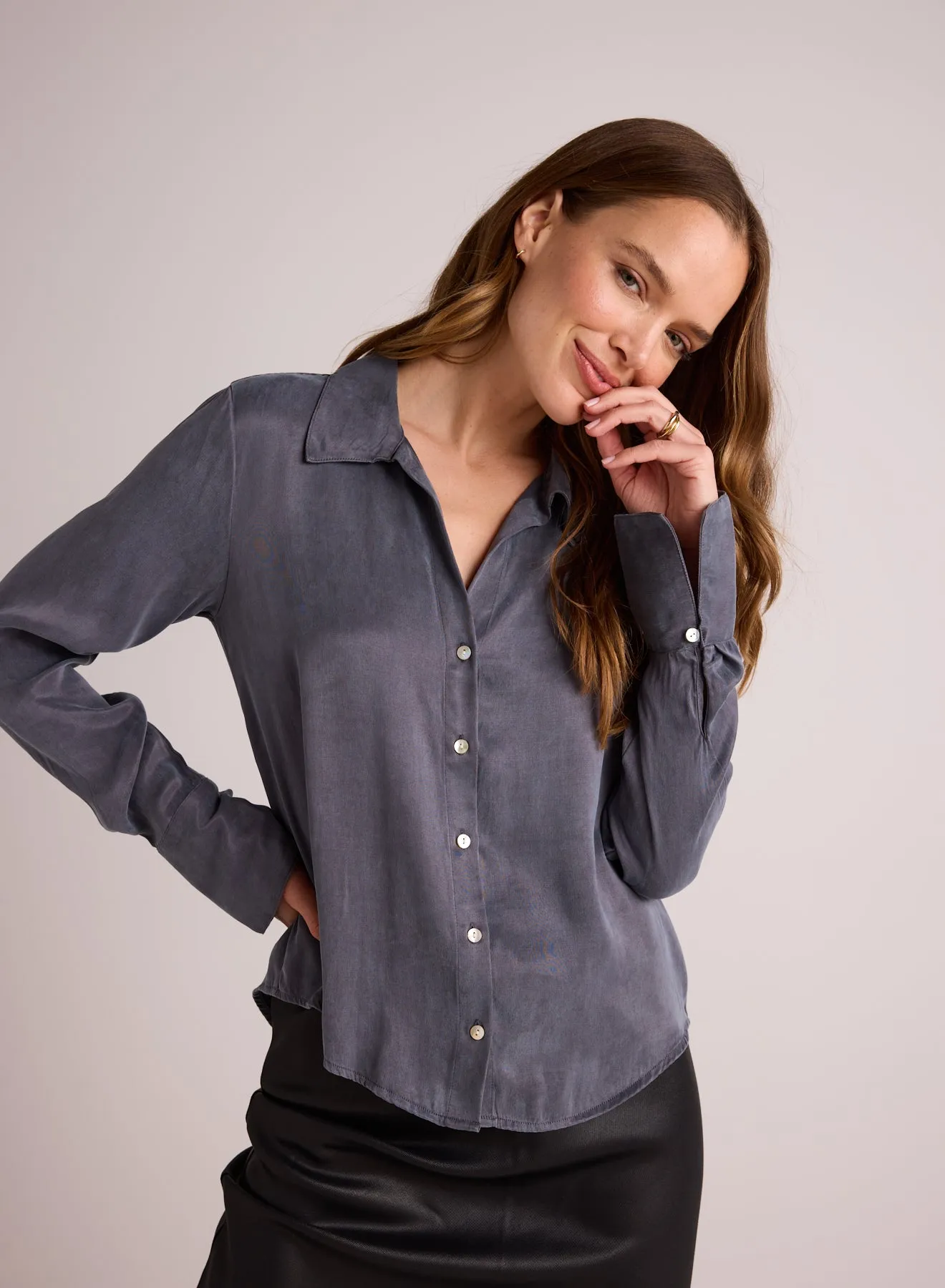 Flowy Wide Collar Button Down - Slate Stone