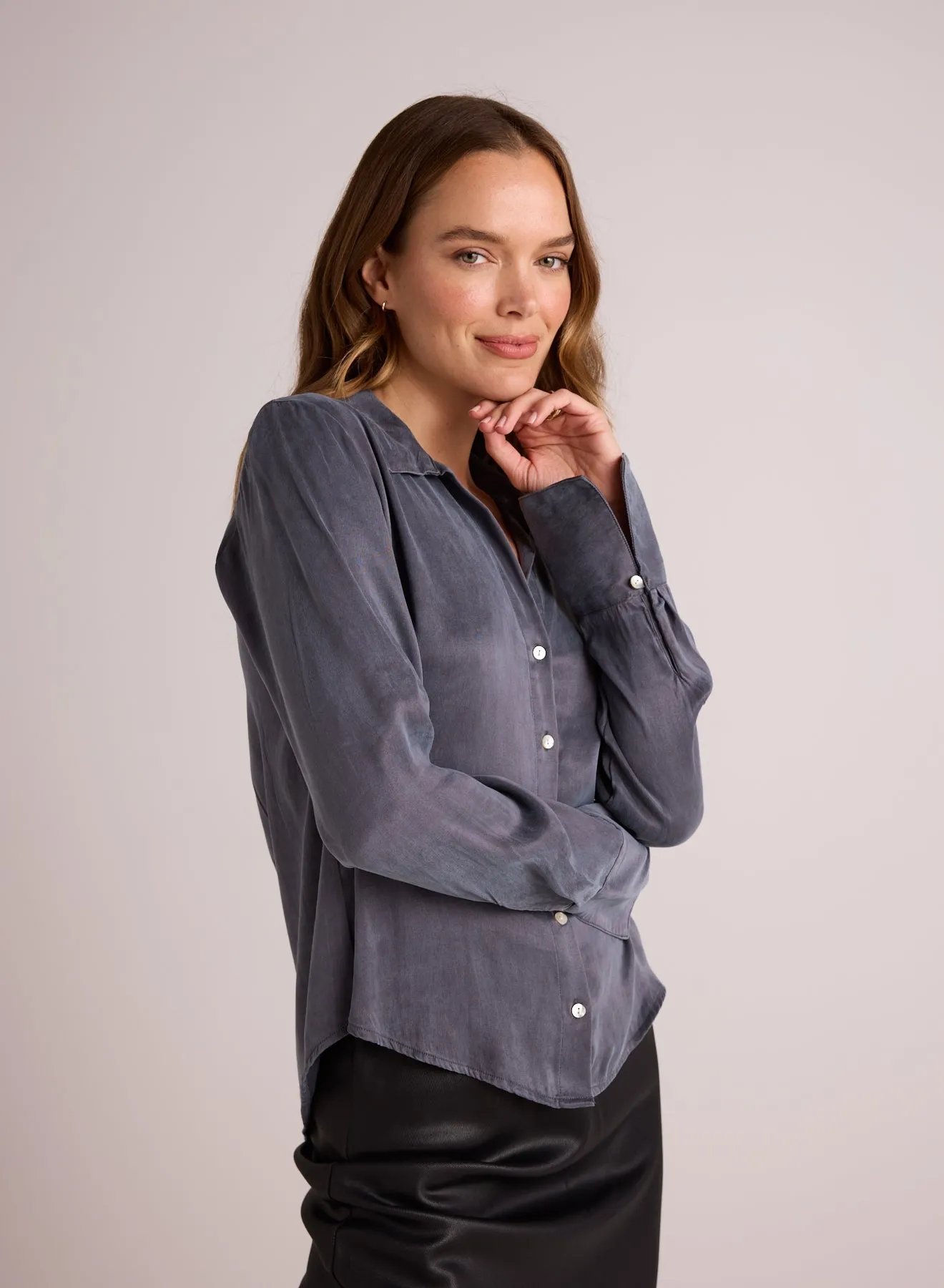 Flowy Wide Collar Button Down - Slate Stone