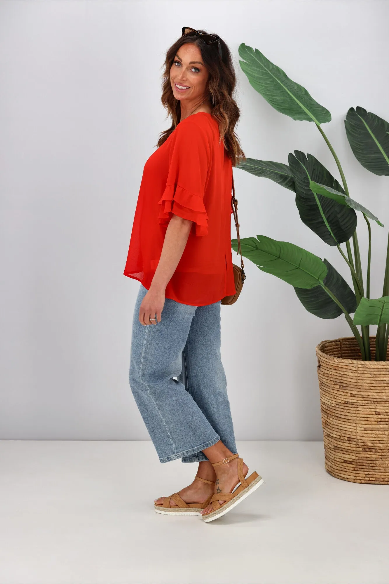 Gloss by Shine On Harper Frill Sleeve Top Crimson