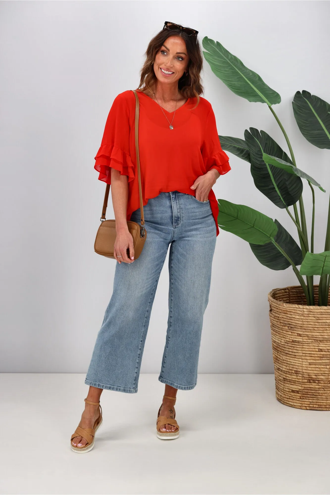 Gloss by Shine On Harper Frill Sleeve Top Crimson