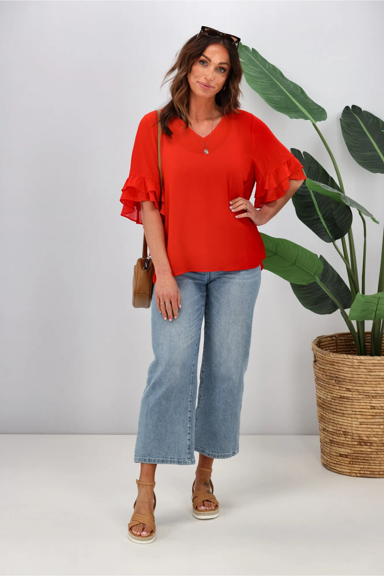 Gloss by Shine On Harper Frill Sleeve Top Crimson