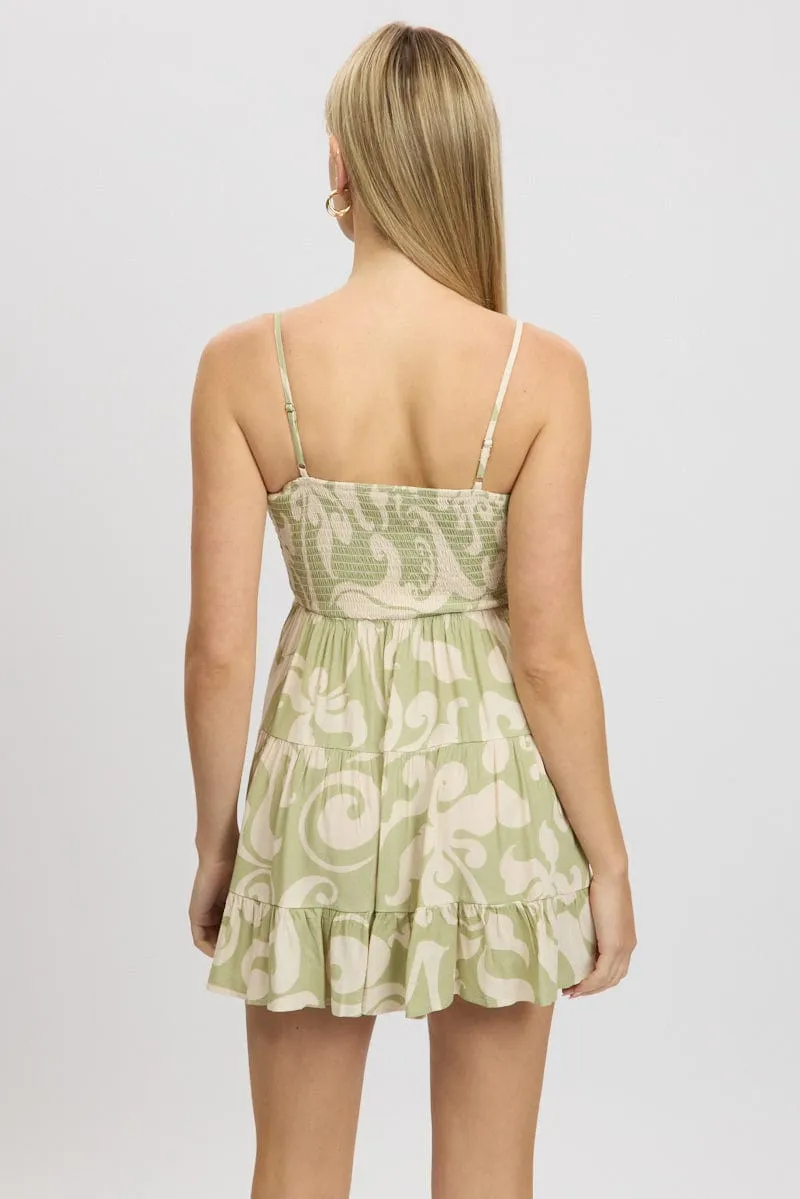 Green Abstract Fit And Flare Dress Strappy Mini