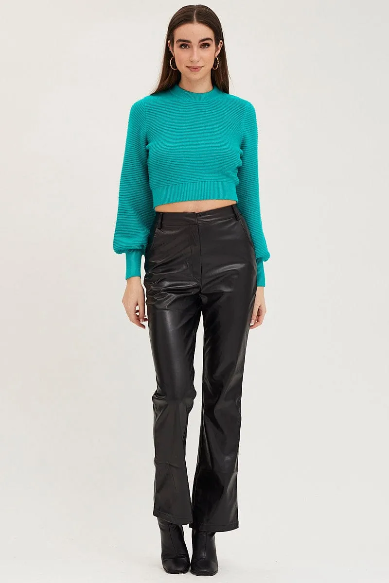 Green Knit Top Long Sleeve Crop Round Neck