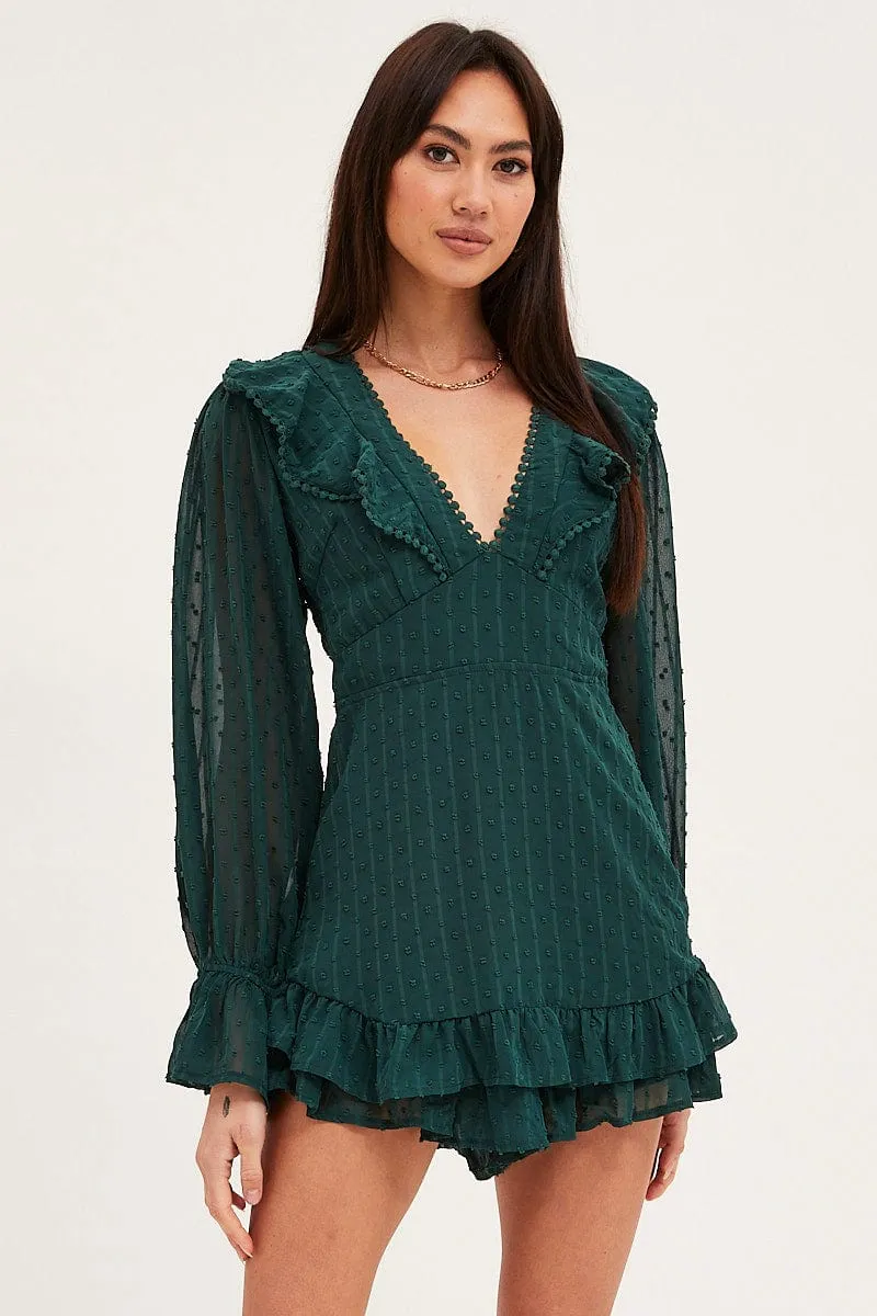 Green Playsuit Long Sleeve V Neck