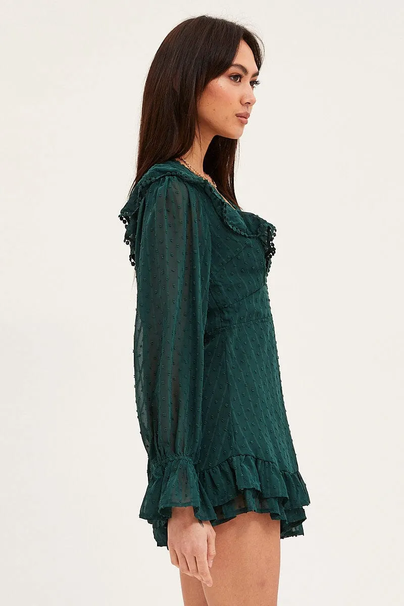 Green Playsuit Long Sleeve V Neck