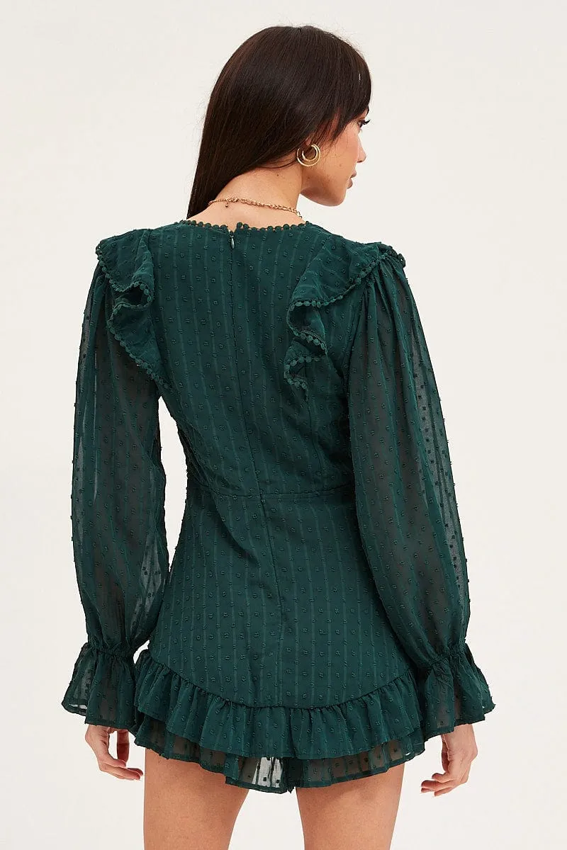 Green Playsuit Long Sleeve V Neck