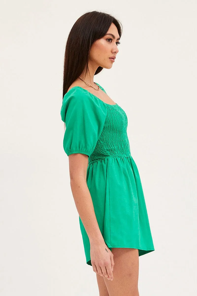 Green Playsuit Short Sleeve Square Neck