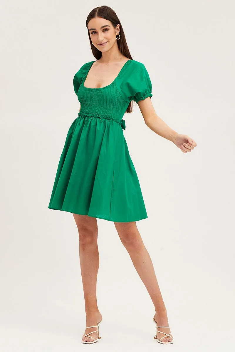 Green Puff Sleeve Linen Shirred Skater Dress