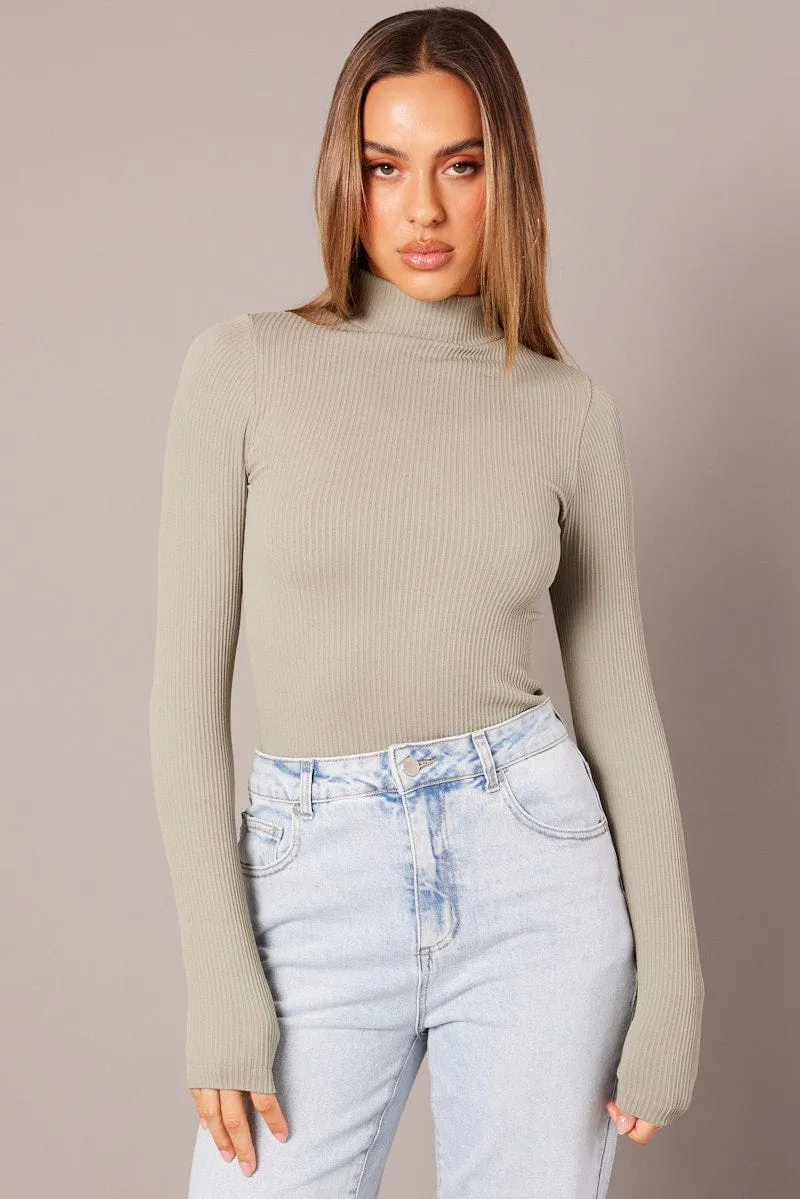 Green Seamless Top Long Sleeve High Neck Longline