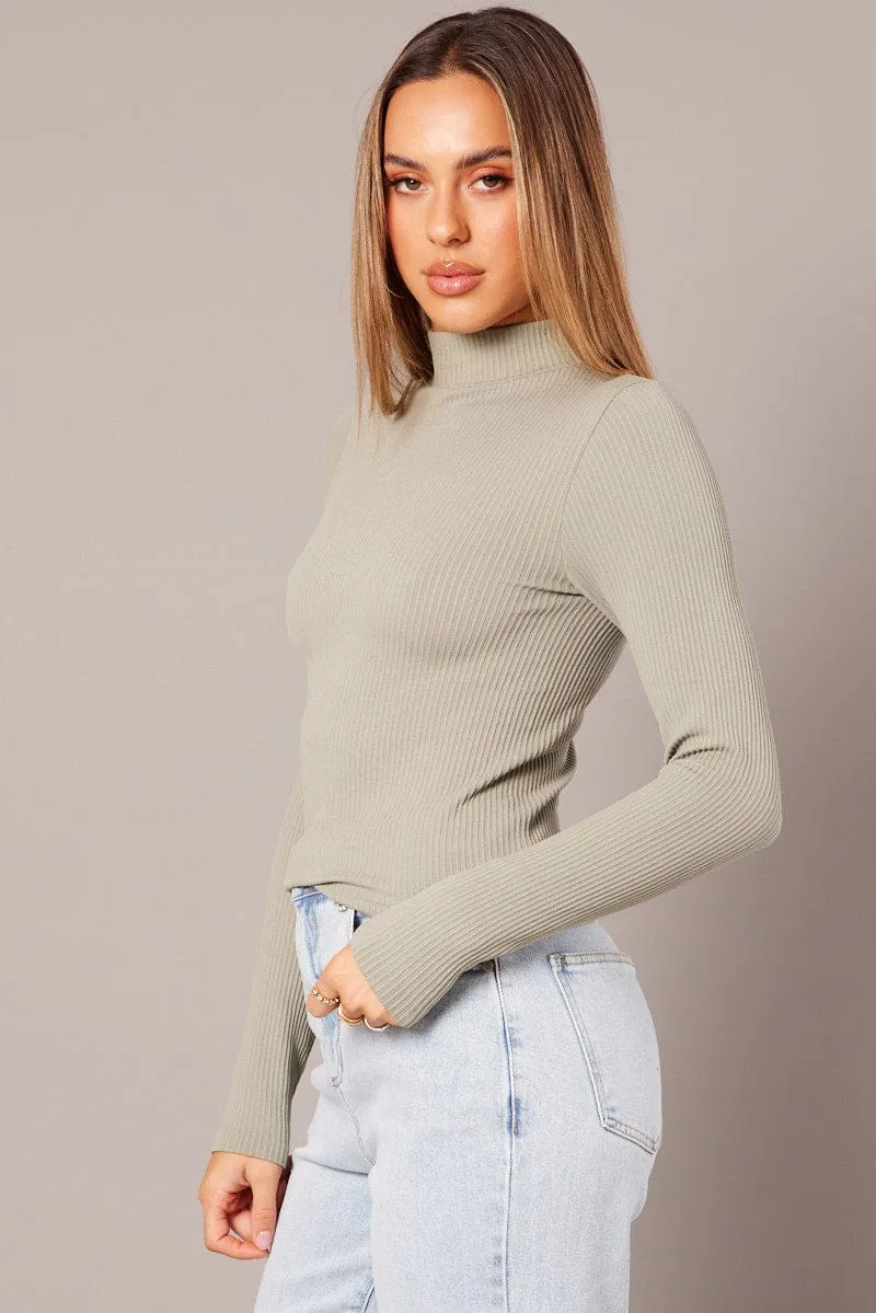 Green Seamless Top Long Sleeve High Neck Longline