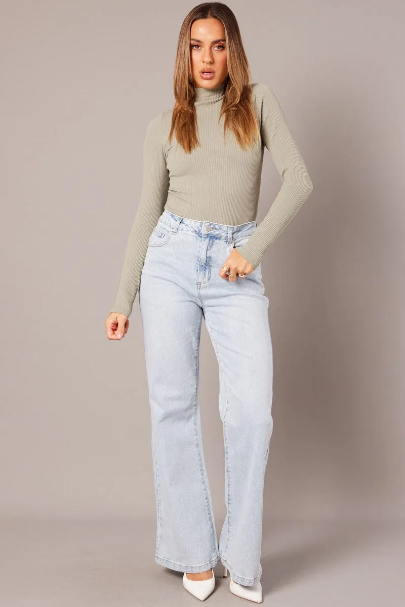 Green Seamless Top Long Sleeve High Neck Longline
