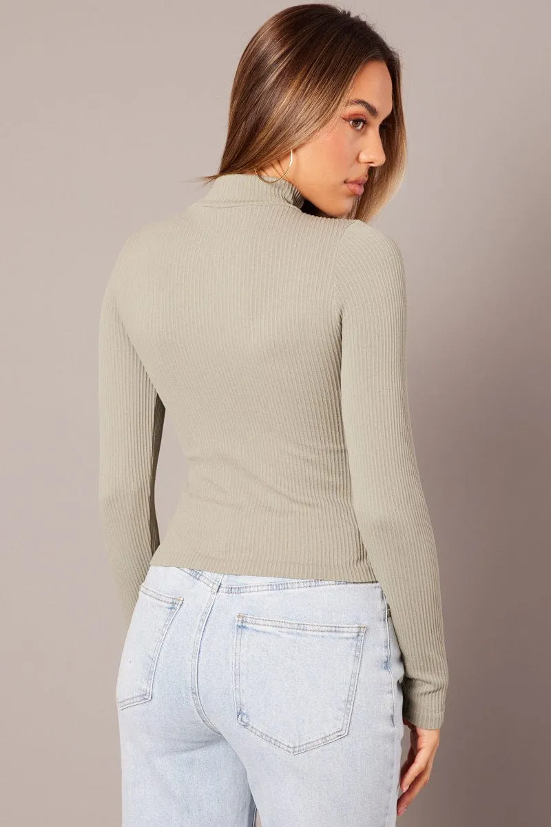 Green Seamless Top Long Sleeve High Neck Longline