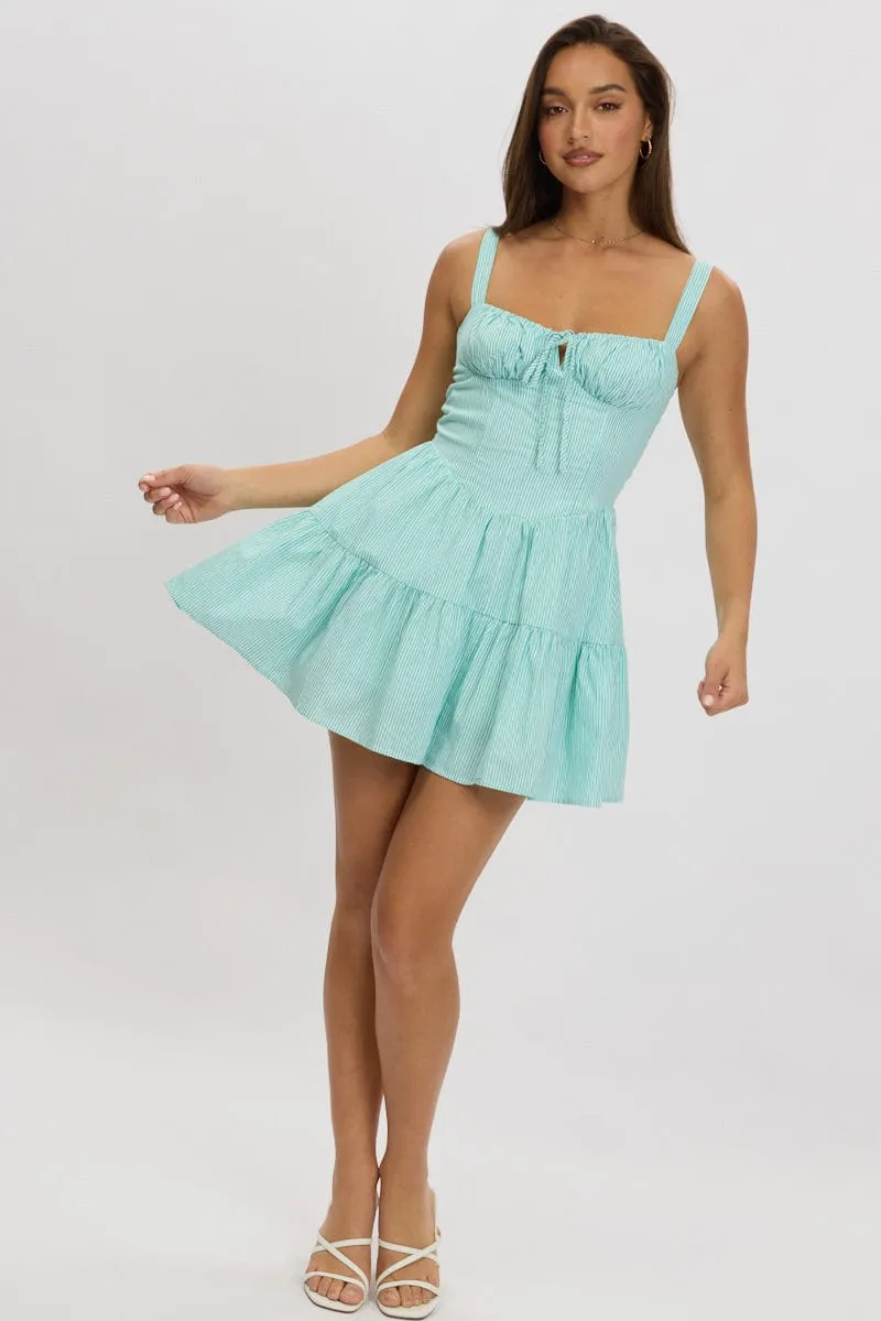 Green Stripe Fit And Flare Dress Mini Gathered Bust