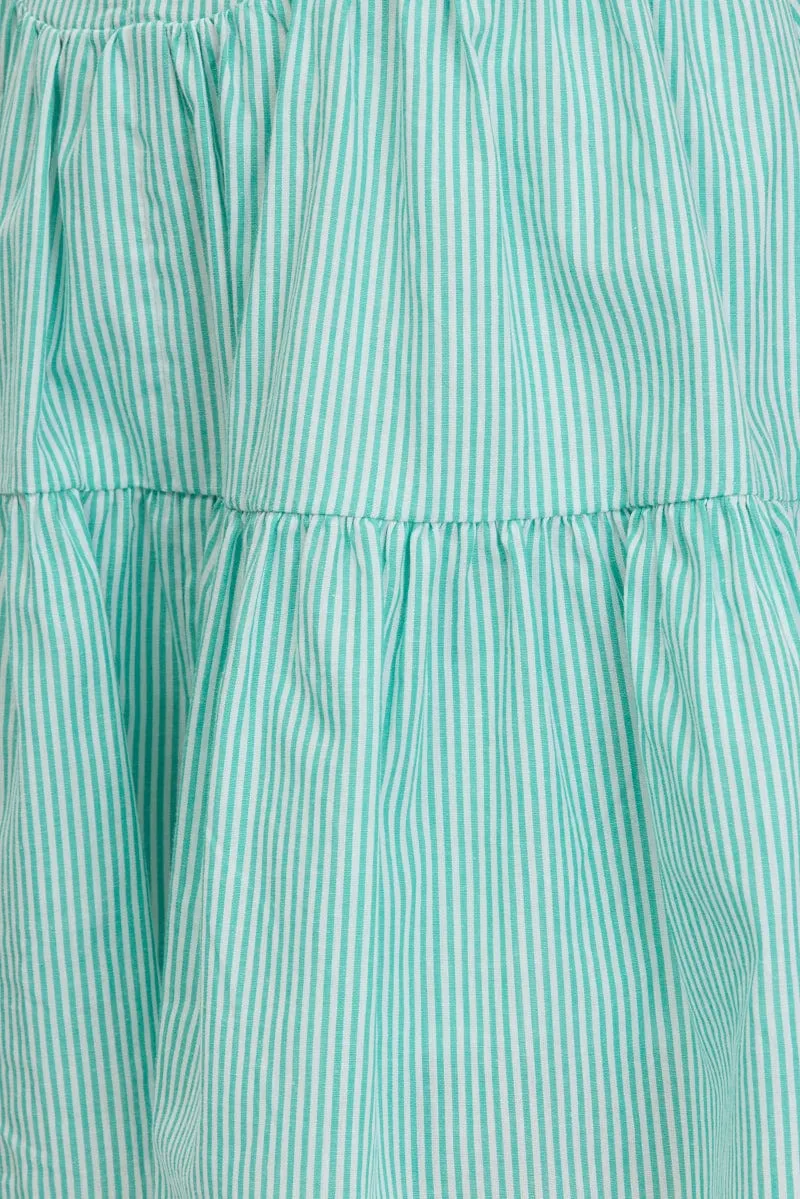 Green Stripe Fit And Flare Dress Mini Gathered Bust