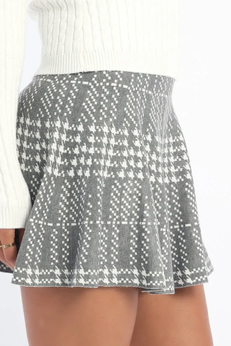 Grey Check Knit Skater Skirt Mini Fit & Flare