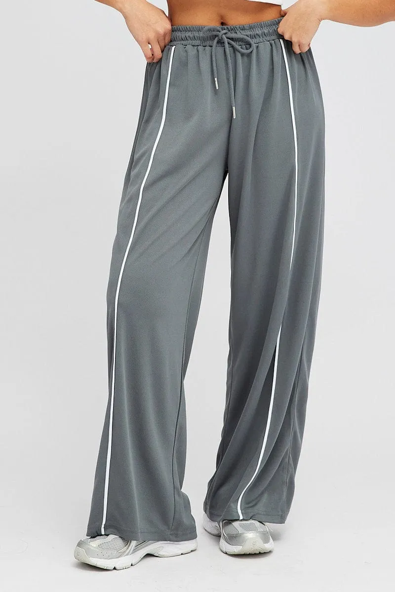 Grey Wide Leg Track Pants Mid Rise