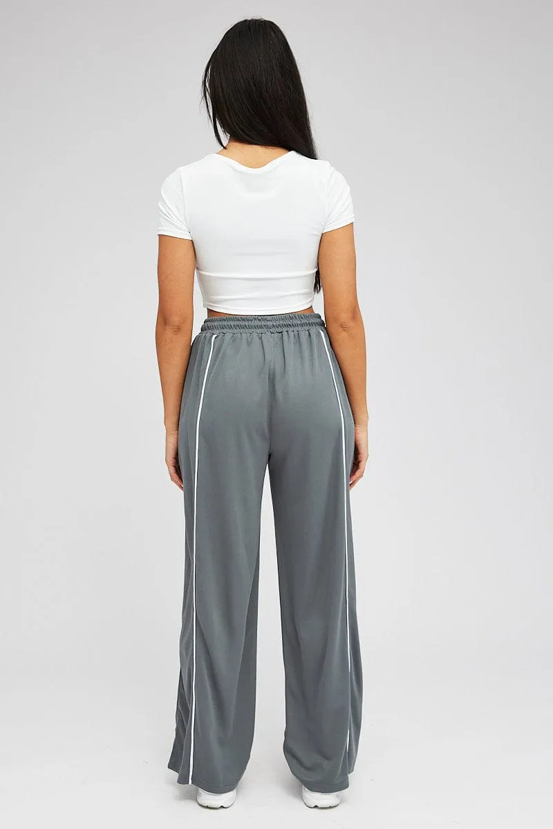 Grey Wide Leg Track Pants Mid Rise