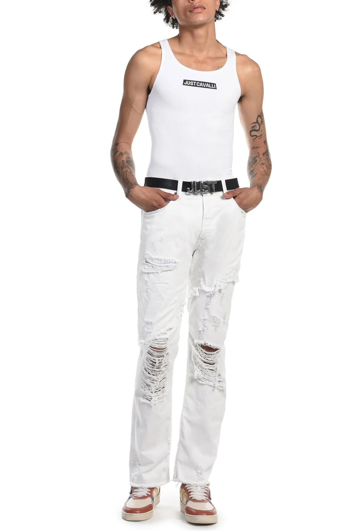 Just Cavalli Distressed Straight Fit Wide Leg Pants