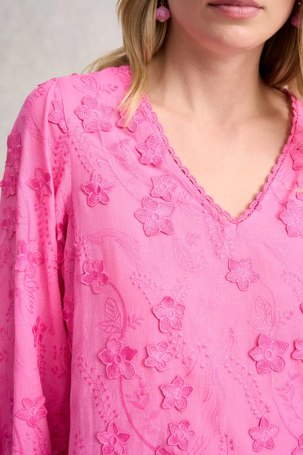 Lace Trim Embroidered Top - Vivid Pink