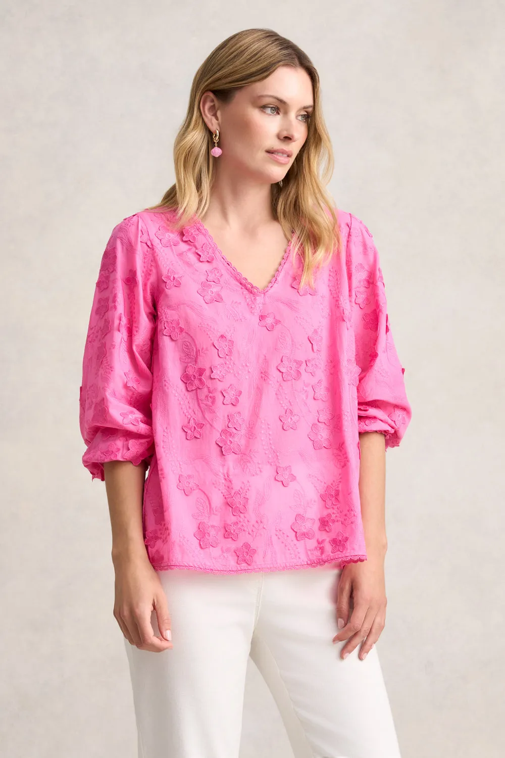 Lace Trim Embroidered Top - Vivid Pink