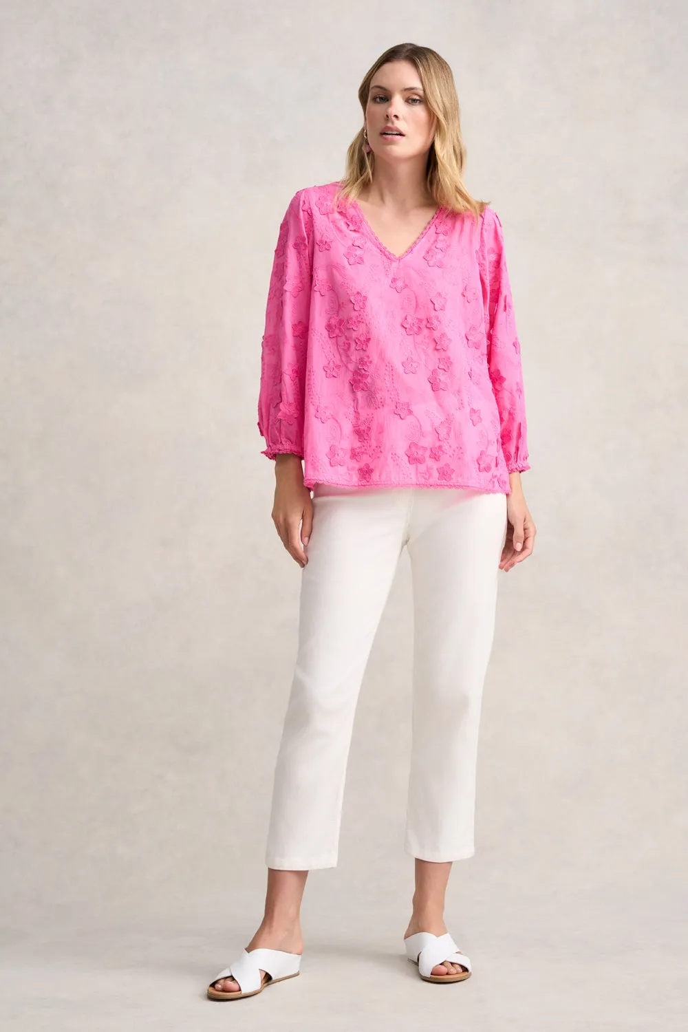 Lace Trim Embroidered Top - Vivid Pink