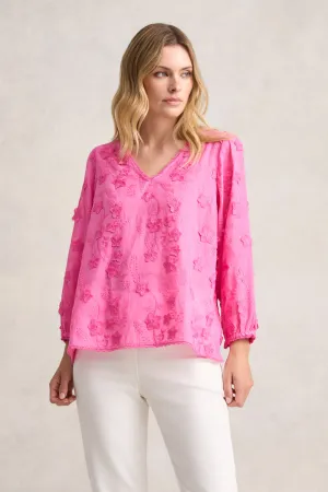 Lace Trim Embroidered Top - Vivid Pink