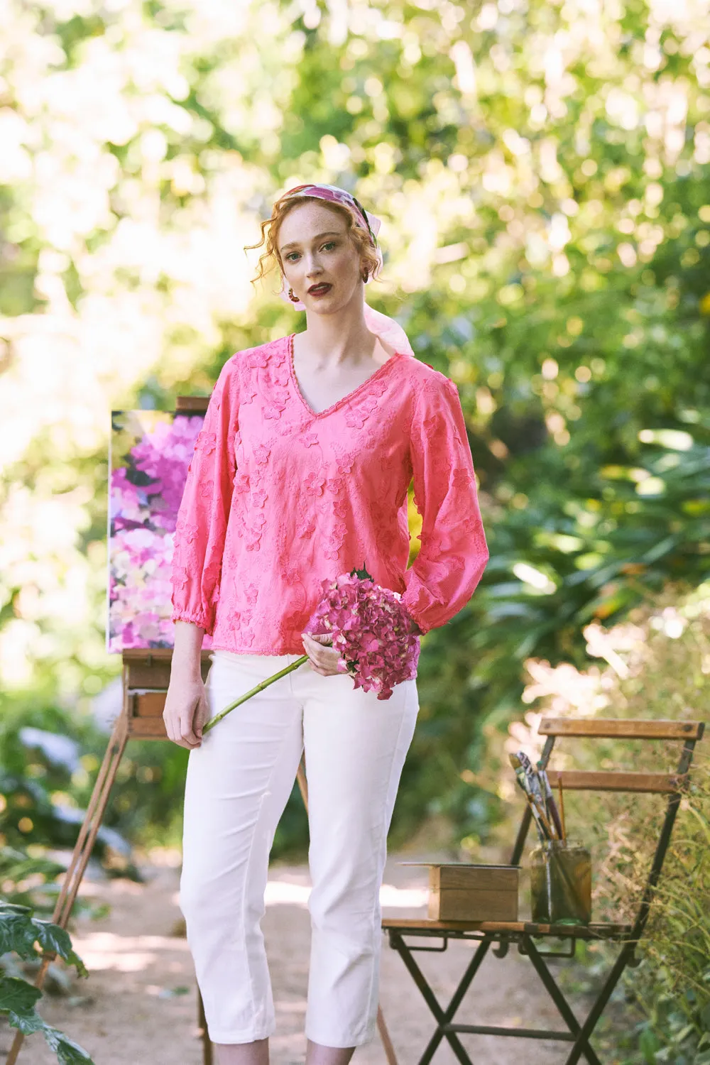 Lace Trim Embroidered Top - Vivid Pink