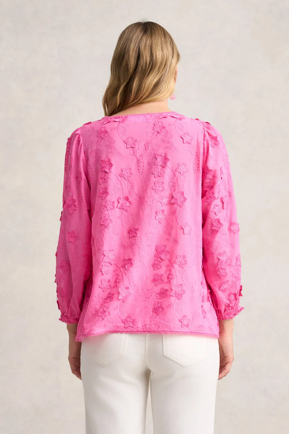 Lace Trim Embroidered Top - Vivid Pink