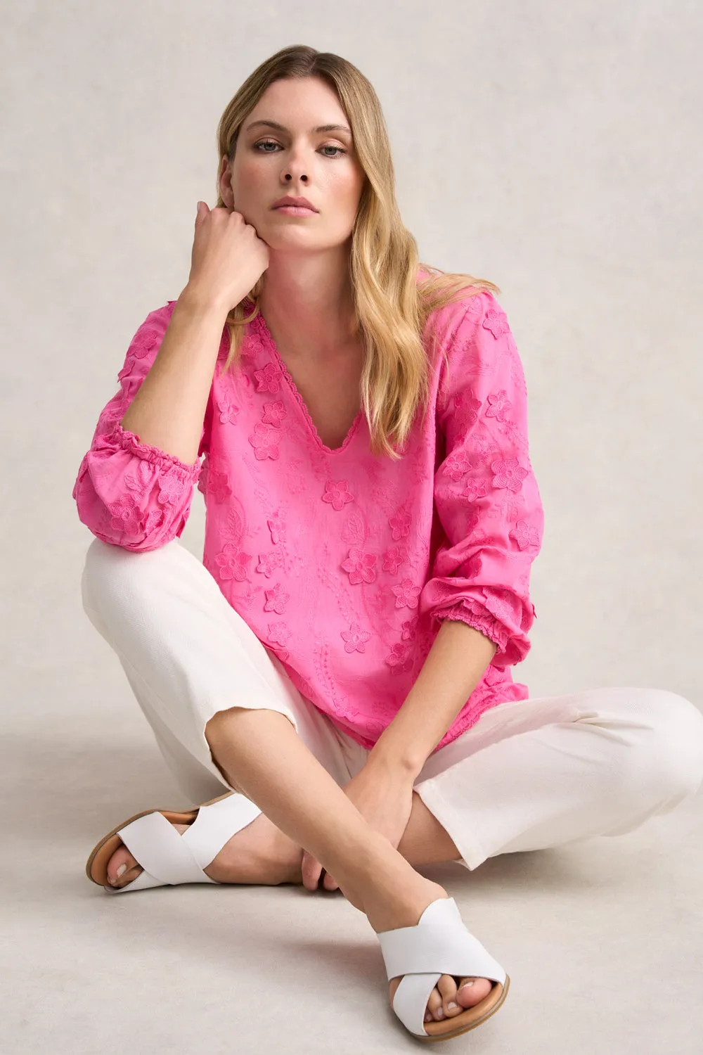 Lace Trim Embroidered Top - Vivid Pink